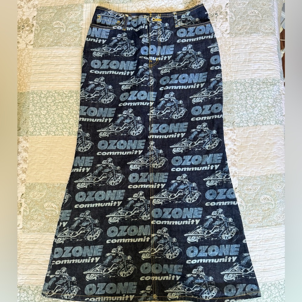 Hysteric Glamour Ozone Community Biker Print Denim Maxi Skirt